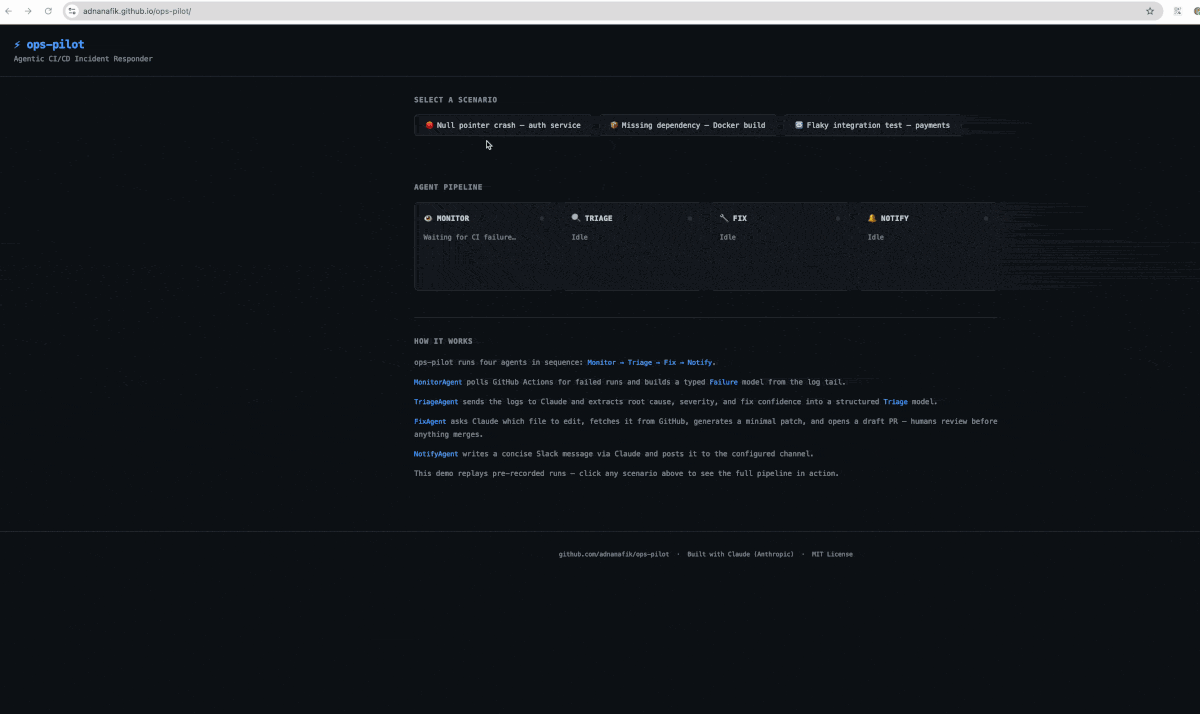 ops-pilot demo — AI agents triaging a CI failure