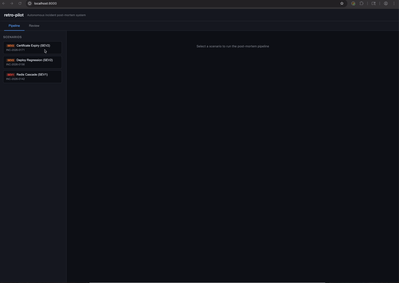 retro-pilot demo — hierarchical post-mortem pipeline